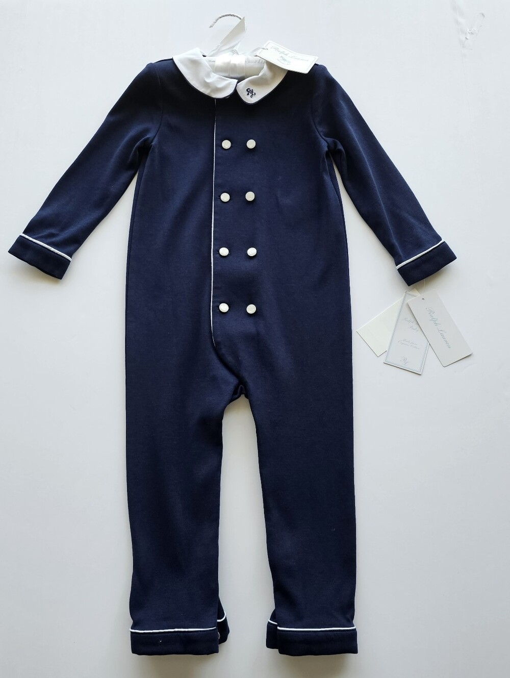 Ralph Lauren Navy Nautical Formal One-Piece with White Trim Peterpan Collar NWT